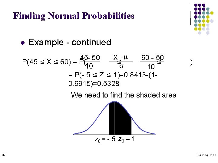 Finding Normal Probabilities l Example - continued 45 - 50 X- m 60 -