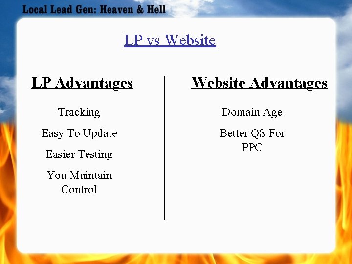 LP vs Website LP Advantages Website Advantages Tracking Domain Age Easy To Update Better