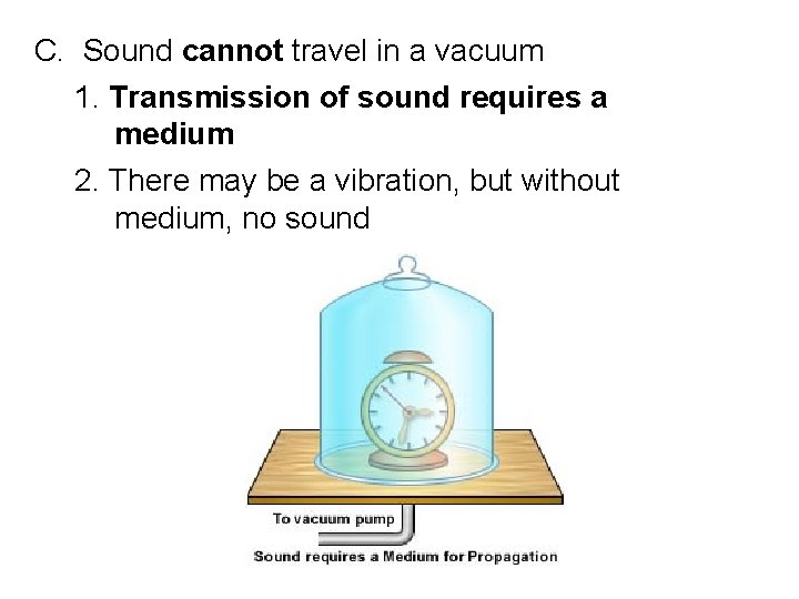 C. Sound cannot travel in a vacuum 1. Transmission of sound requires a medium