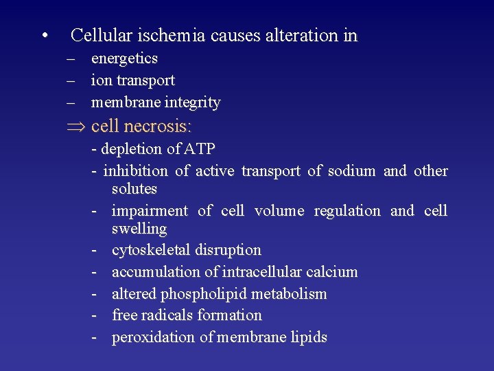  • Cellular ischemia causes alteration in – – – energetics ion transport membrane