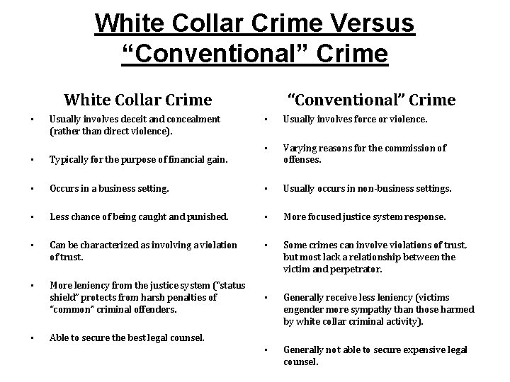 White Collar Crime Versus “Conventional” Crime White Collar Crime • Usually involves deceit and