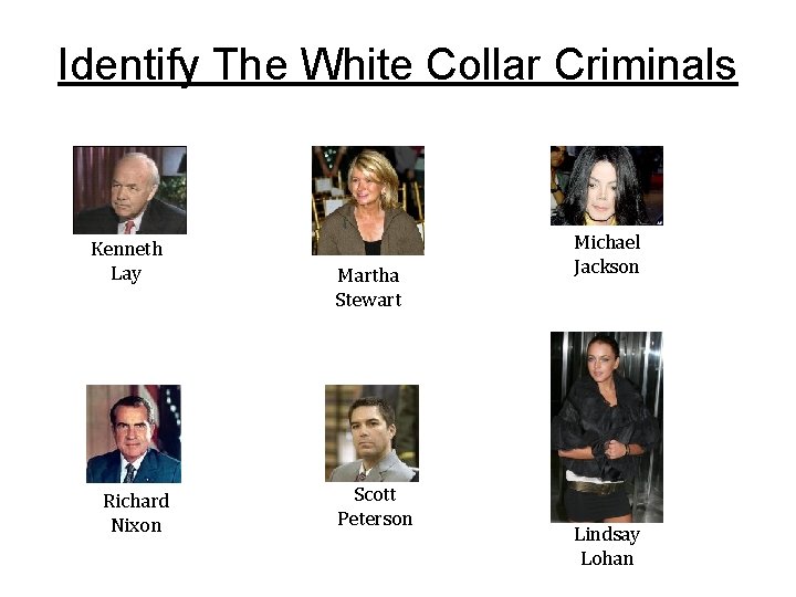 Identify The White Collar Criminals Kenneth Lay Richard Nixon Martha Stewart Scott Peterson Michael