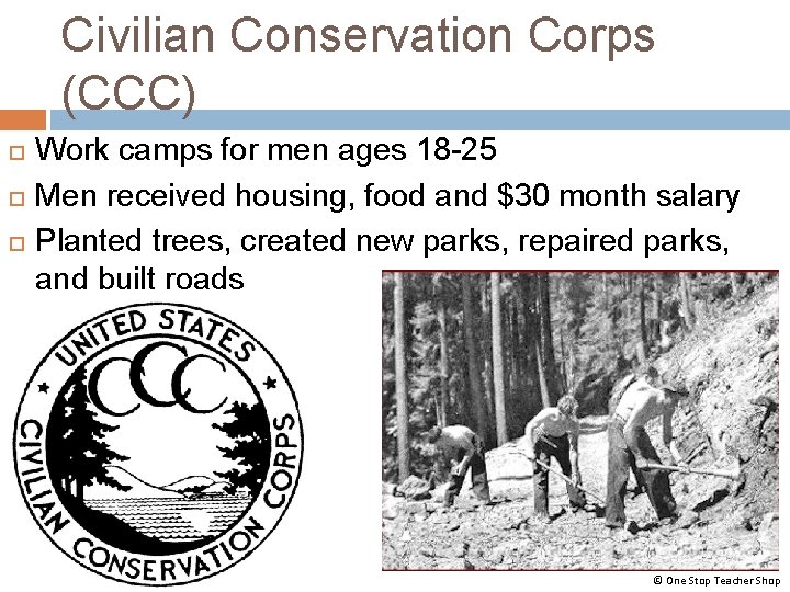 Civilian Conservation Corps (CCC) Work camps for men ages 18 -25 Men received housing, Civilian Conservation Corps (CCC) Work camps for men ages 18 -25 Men received housing,