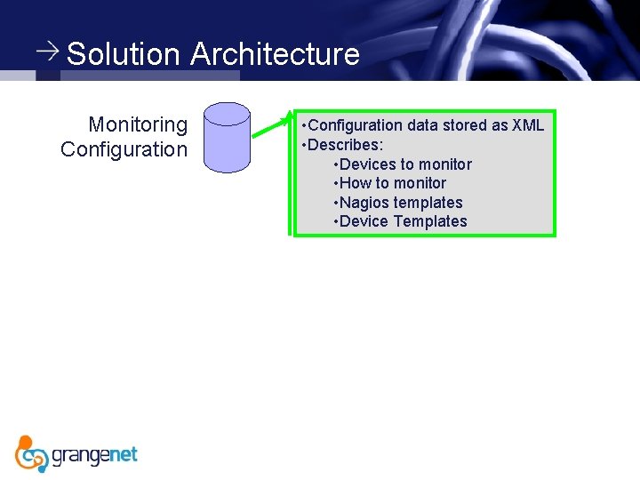 Solution Architecture Monitoring Configuration • Configuration data stored as XML • Describes: • Devices