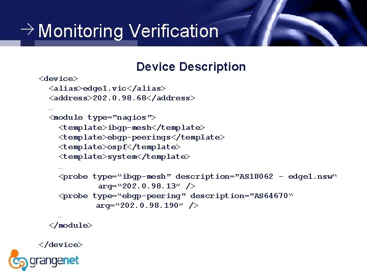 Monitoring Verification Device Description <device> <alias>edge 1. vic</alias> <address>202. 0. 98. 68</address> … <module