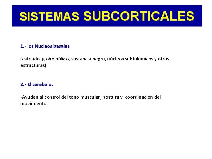 SISTEMAS SUBCORTICALES 1. - los Núcleos basales (estriado, globo pálido, sustancia negra, núcleos subtalámicos
