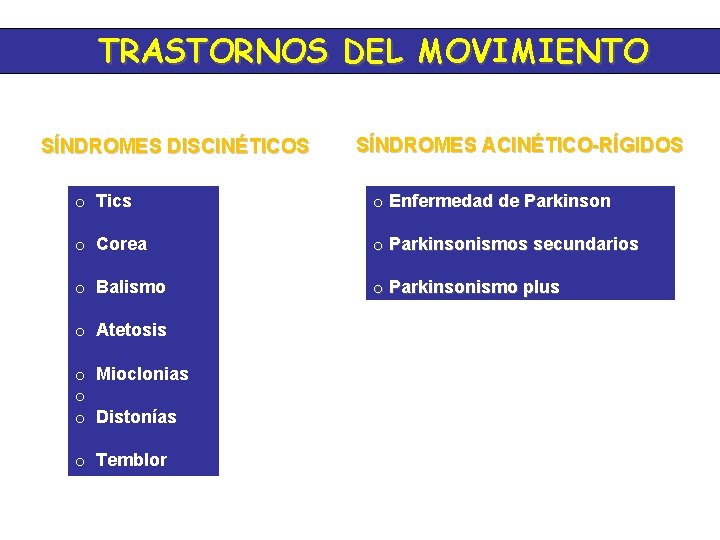 TRASTORNOS DEL MOVIMIENTO SÍNDROMES DISCINÉTICOS SÍNDROMES ACINÉTICO-RÍGIDOS o Tics o Enfermedad de Parkinson o