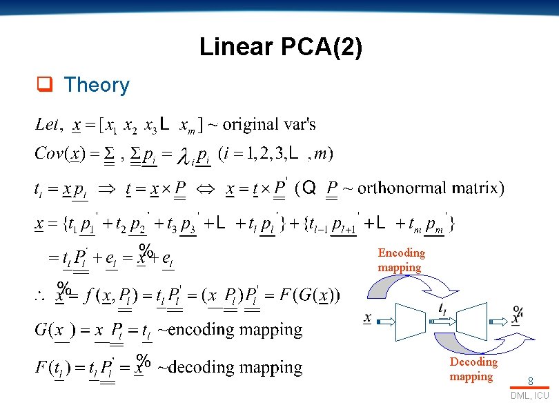 Linear PCA(2) q Theory Encoding mapping Decoding mapping 8 DML, ICU 