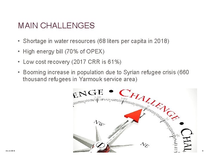 MAIN CHALLENGES • Shortage in water resources (68 liters per capita in 2018) •