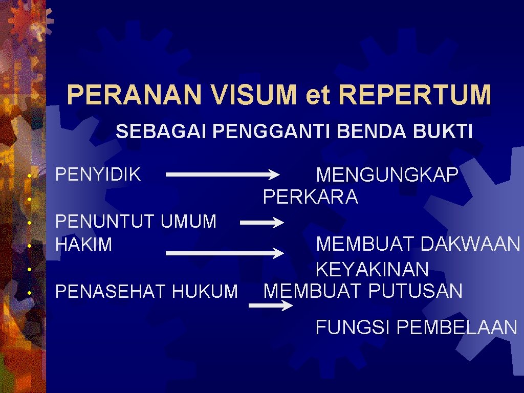 PERANAN VISUM et REPERTUM SEBAGAI PENGGANTI BENDA BUKTI • PENYIDIK • • • PENUNTUT