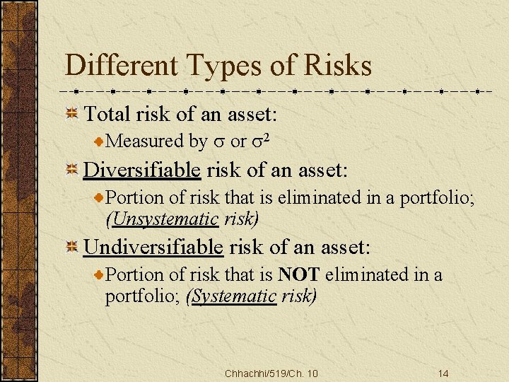 Different Types of Risks Total risk of an asset: Measured by s or s