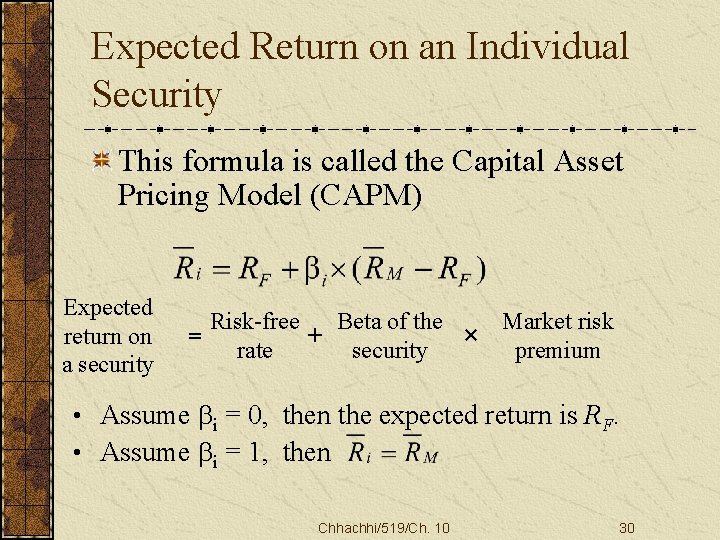 Expected Return on an Individual Security This formula is called the Capital Asset Pricing