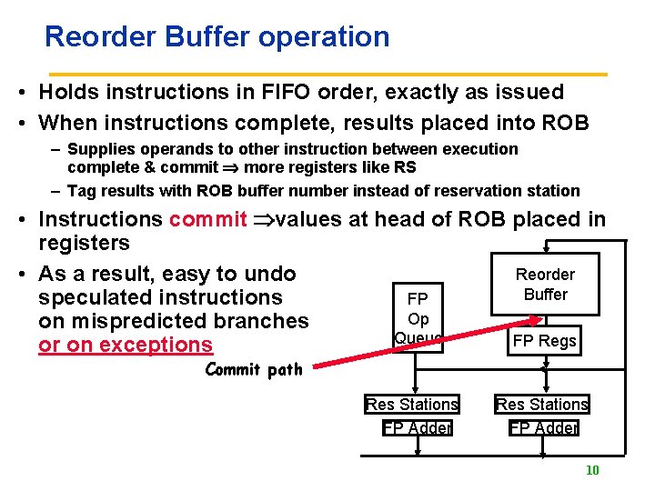 Reorder Buffer operation • Holds instructions in FIFO order, exactly as issued • When