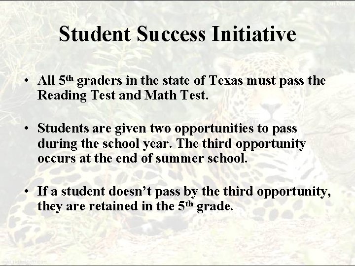 Student Success Initiative • All 5 th graders in the state of Texas must Student Success Initiative • All 5 th graders in the state of Texas must