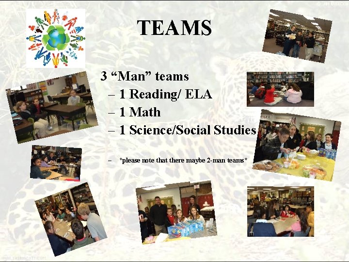 TEAMS 3 “Man” teams – 1 Reading/ ELA – 1 Math – 1 Science/Social