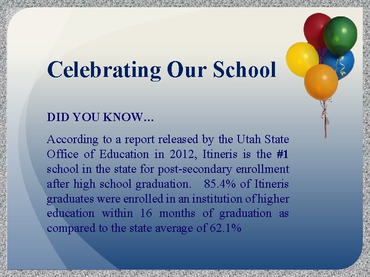 Celebrating Our School DID YOU KNOW… According to a report released by the Utah