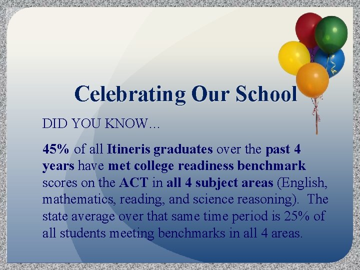 Celebrating Our School DID YOU KNOW… 45% of all Itineris graduates over the past