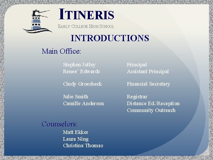 ITINERIS EARLY COLLEGE HIGH SCHOOL INTRODUCTIONS Main Office: Stephen Jolley Renee` Edwards Principal Assistant