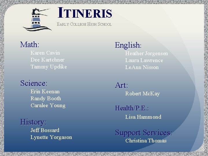 ITINERIS EARLY COLLEGE HIGH SCHOOL Math: Karen Cavin Dee Kartchner Tammy Updike Science: Erin