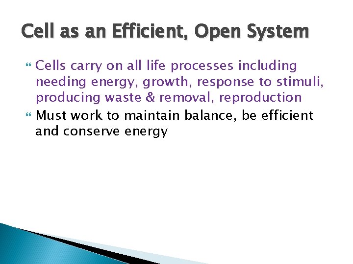 Cell as an Efficient, Open System Cells carry on all life processes including needing