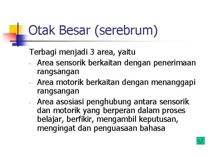 Otak Besar (serebrum) Terbagi menjadi 3 area, yaitu - Area sensorik berkaitan dengan penerimaan