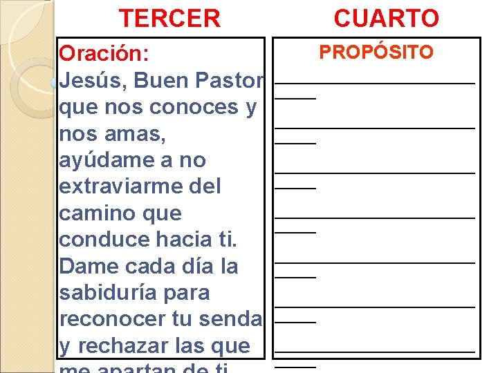 TERCER MOMENTO Oración: CUARTO MOMENTO PROPÓSITO Jesús, Buen Pastor _______________ que nos conoces y TERCER MOMENTO Oración: CUARTO MOMENTO PROPÓSITO Jesús, Buen Pastor _______________ que nos conoces y