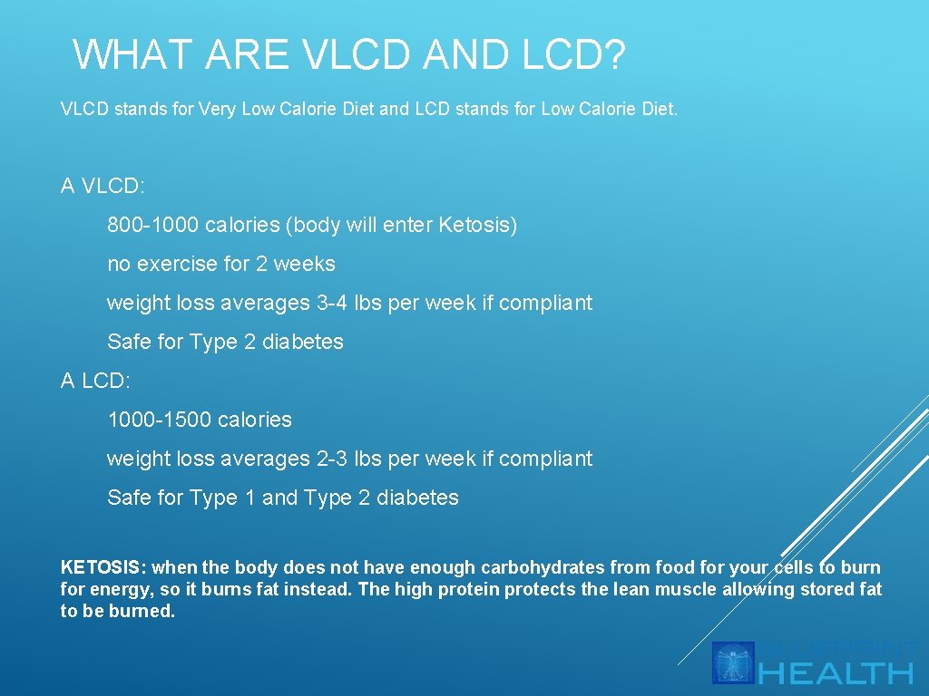 WHAT ARE VLCD AND LCD? VLCD stands for Very Low Calorie Diet and LCD