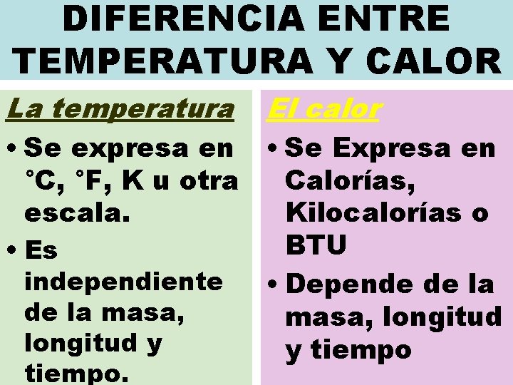 DIFERENCIA ENTRE TEMPERATURA Y CALOR La temperatura • Se expresa en °C, °F, K