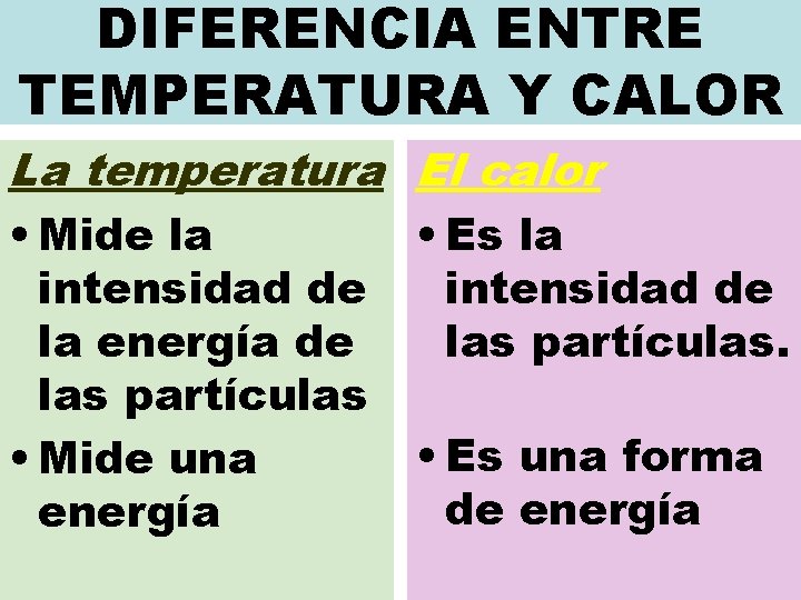 DIFERENCIA ENTRE TEMPERATURA Y CALOR La temperatura El calor • Mide la • Es