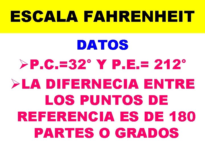 ESCALA FAHRENHEIT DATOS ØP. C. =32° Y P. E. = 212° ØLA DIFERNECIA ENTRE