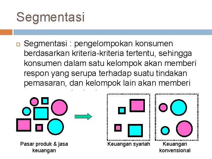 Segmentasi : pengelompokan konsumen berdasarkan kriteria-kriteria tertentu, sehingga konsumen dalam satu kelompok akan memberi