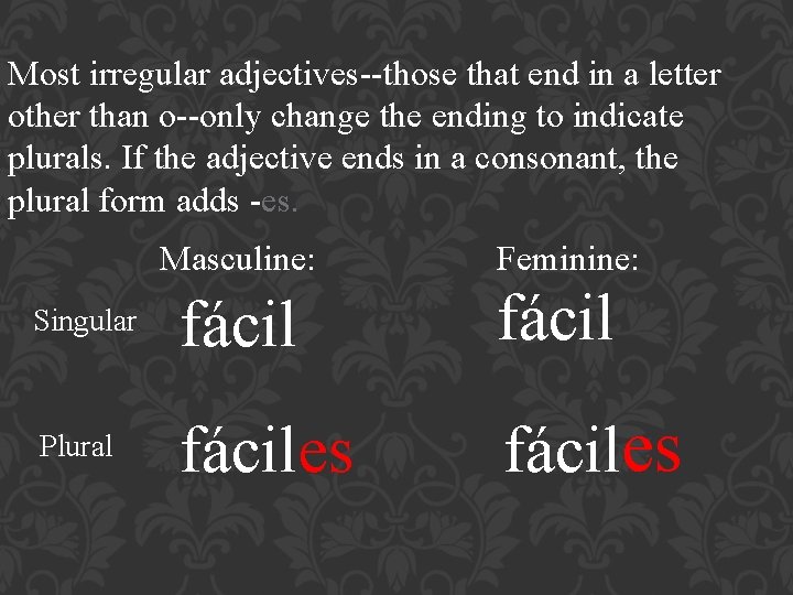 Most irregular adjectives--those that end in a letter other than o--only change the ending