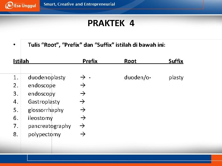 PRAKTEK 4 • Tulis “Root”, “Prefix” dan “Suffix” istilah di bawah ini: Istilah 1.