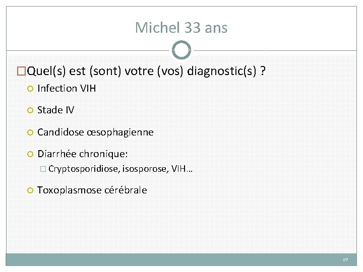 Michel 33 ans �Quel(s) est (sont) votre (vos) diagnostic(s) ? Infection VIH Stade IV