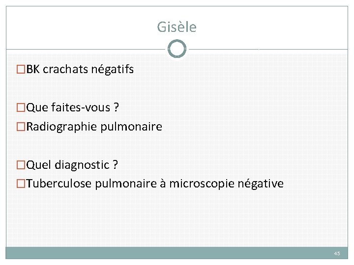 Gisèle �BK crachats négatifs �Que faites-vous ? �Radiographie pulmonaire �Quel diagnostic ? �Tuberculose pulmonaire