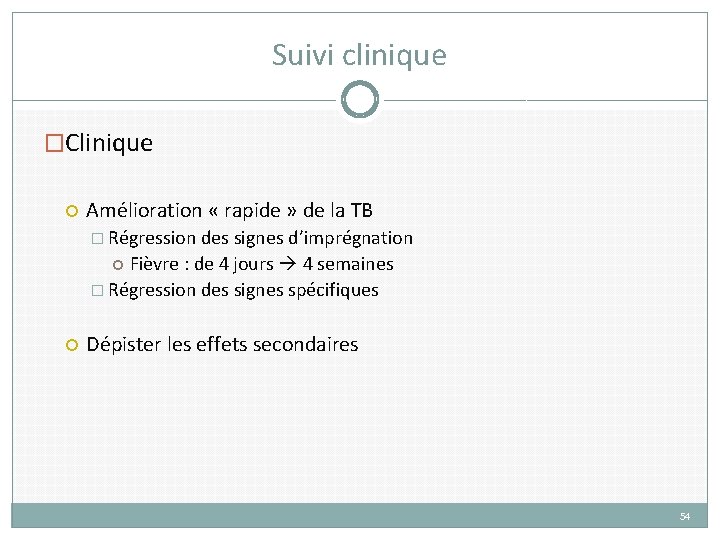 Suivi clinique �Clinique Amélioration « rapide » de la TB � Régression des signes