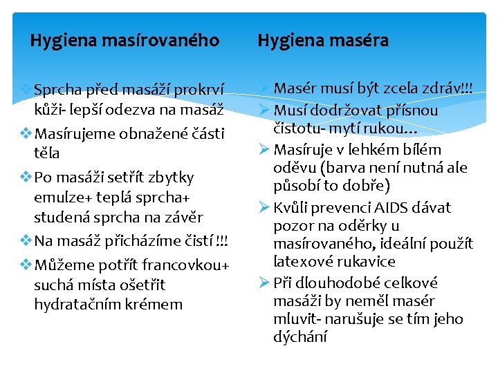 Hygiena masírovaného v. Sprcha před masáží prokrví kůži- lepší odezva na masáž v. Masírujeme