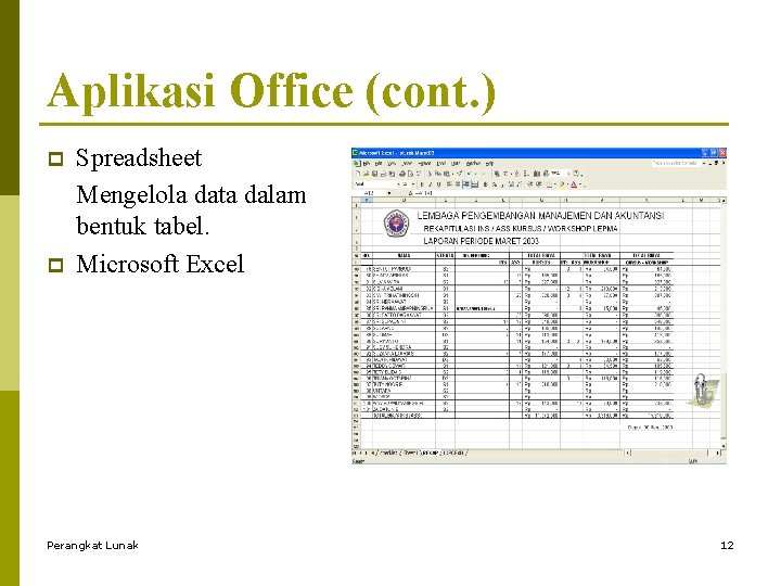 Aplikasi Office (cont. ) p p Spreadsheet Mengelola data dalam bentuk tabel. Microsoft Excel