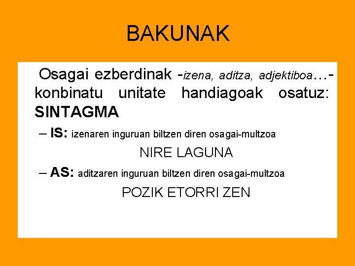 BAKUNAK Osagai ezberdinak -izena, aditza, adjektiboa…konbinatu unitate handiagoak osatuz: SINTAGMA – IS: izenaren inguruan