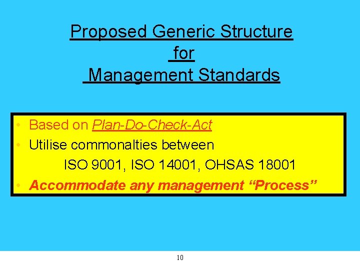 Proposed Generic Structure for Management Standards • Based on Plan-Do-Check-Act • Utilise commonalties between