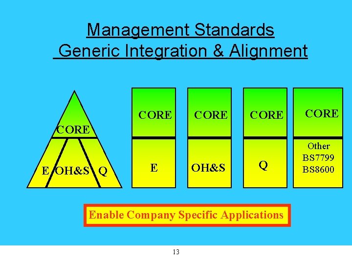 Management Standards Generic Integration & Alignment CORE CORE E OH&S Q Enable Company Specific