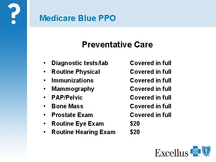 Medicare Blue PPO Preventative Care • • • Diagnostic tests/lab Routine Physical Immunizations Mammography