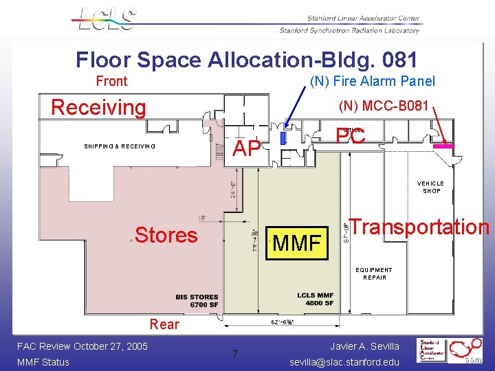 Floor Space Allocation-Bldg. 081 Front (N) Fire Alarm Panel Receiving (N) MCC-B 081 PC