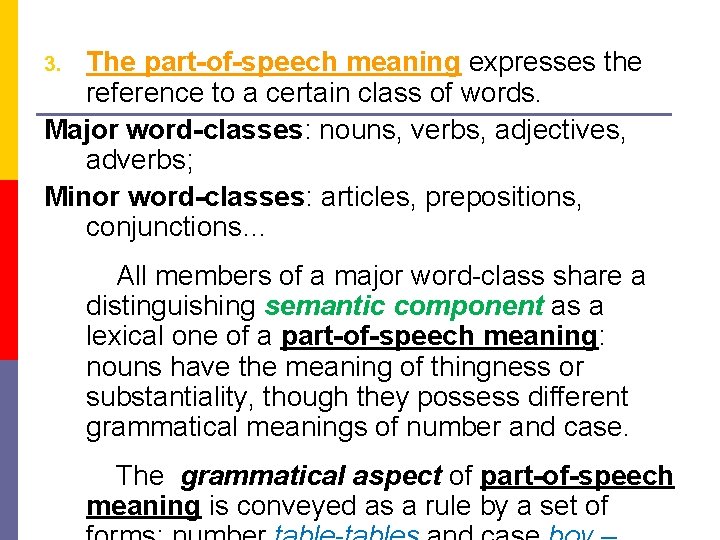 The part-of-speech meaning expresses the reference to a certain class of words. Major word-classes: