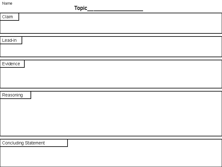 Name Claim Lead-in Evidence Reasoning Concluding Statement Topic_________ 