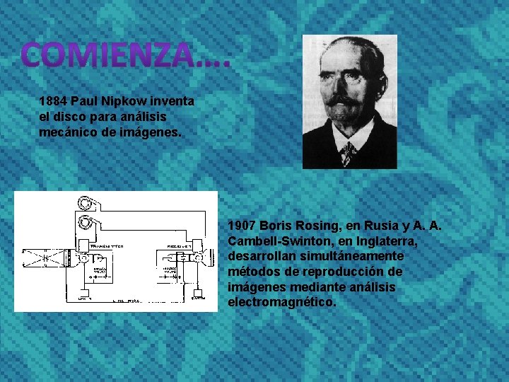 1884 Paul Nipkow inventa el disco para análisis mecánico de imágenes. 1907 Boris Rosing,