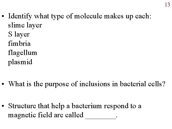 13 • Identify what type of molecule makes up each: slime layer S layer 13 • Identify what type of molecule makes up each: slime layer S layer