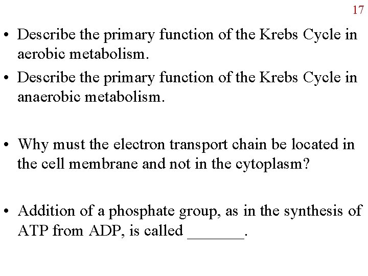 17 • Describe the primary function of the Krebs Cycle in aerobic metabolism. •
