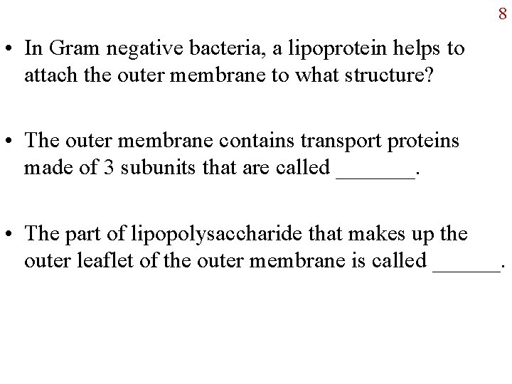 8 • In Gram negative bacteria, a lipoprotein helps to attach the outer membrane