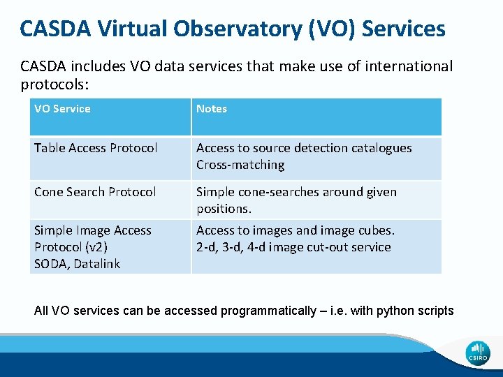 CASDA Virtual Observatory (VO) Services CASDA includes VO data services that make use of